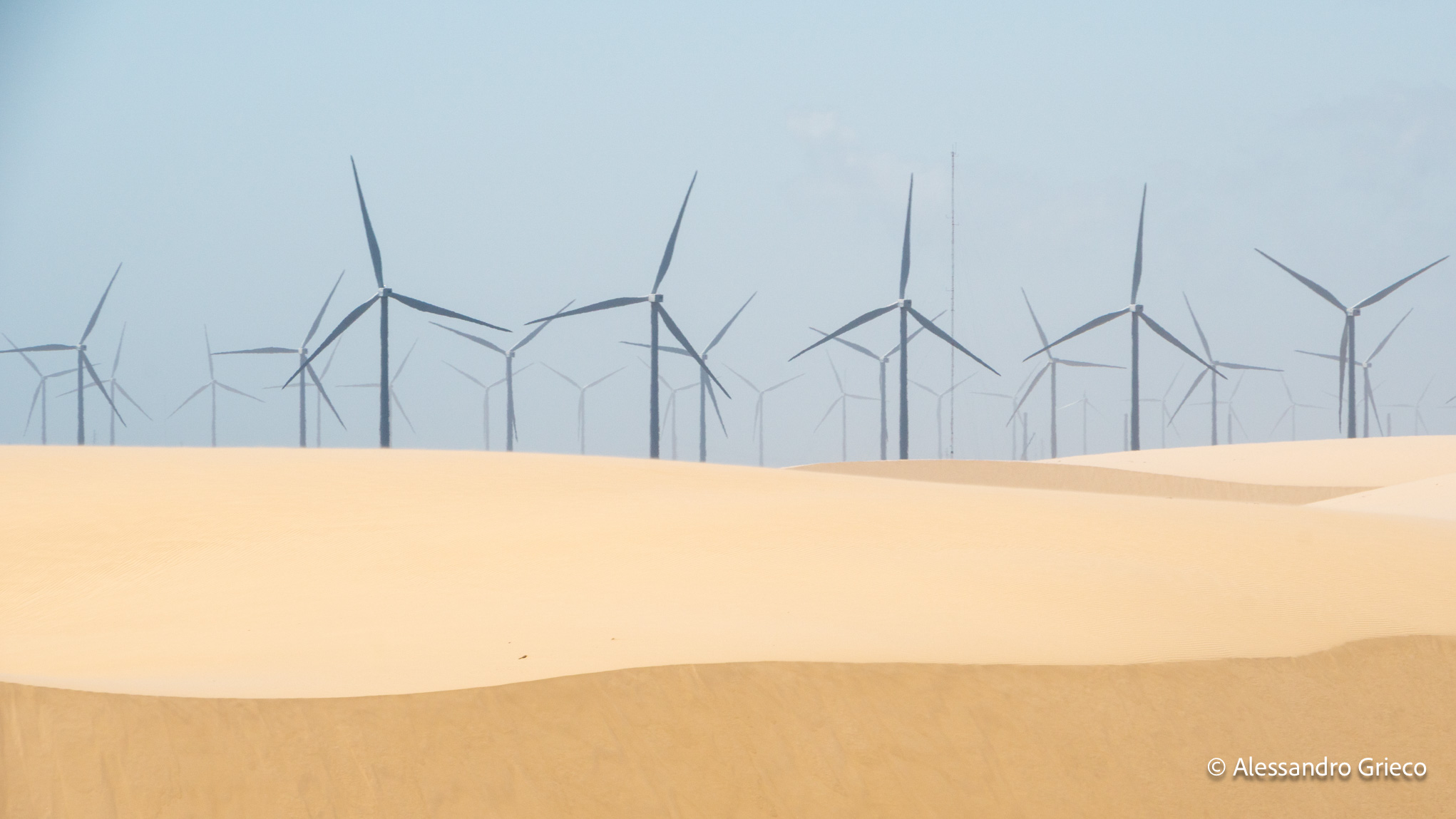 Wind turbines rise along the dune field, part of a major wind-energy complex sited inside the region