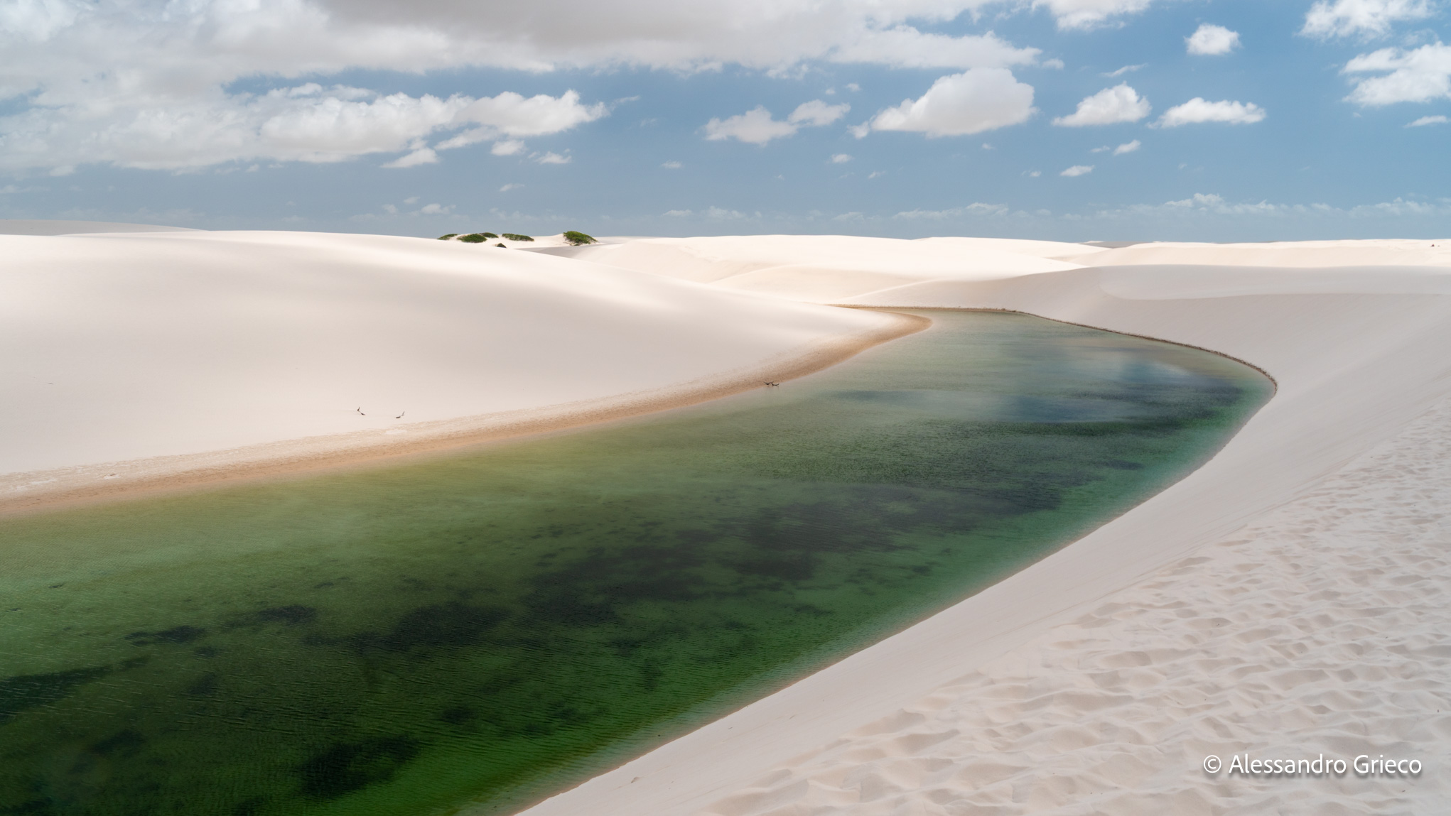 A lagoon carved into an emerald curve, sand on both sides